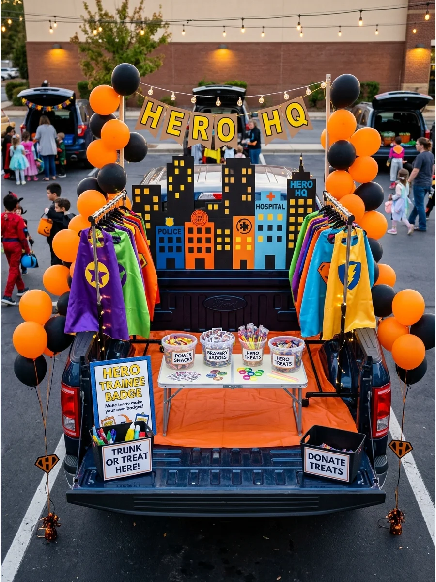 A superhero headquarters theme in a truck bed with a city skyline.