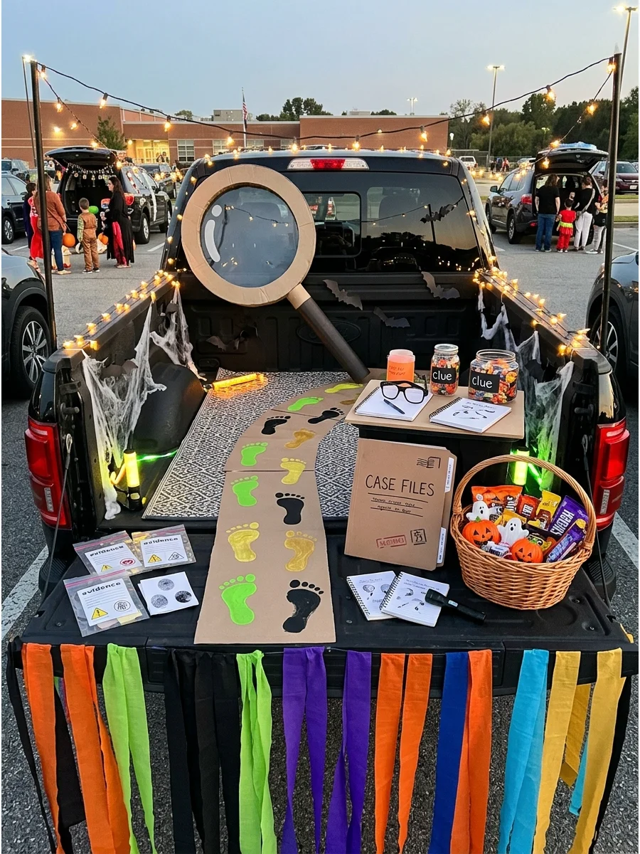 A detective-themed truck bed with clues and a magnifying glass.