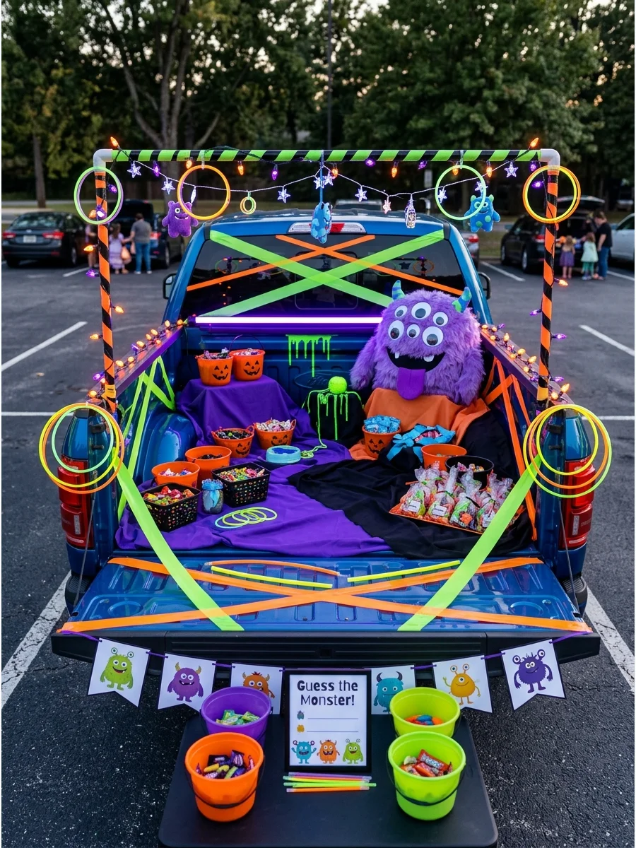 A glow-in-the-dark game theme in a truck bed with neon colors.