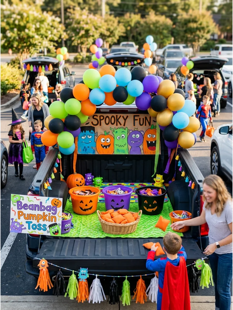 A pumpkin toss game setup in a truck bed for trunk or treat.