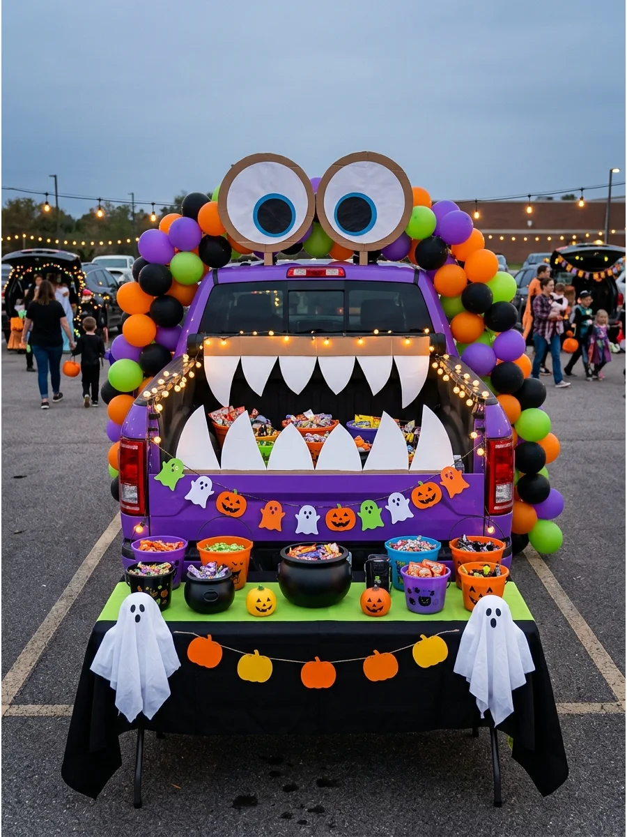 A purple truck decorated to look like a friendly monster with a large mouth.