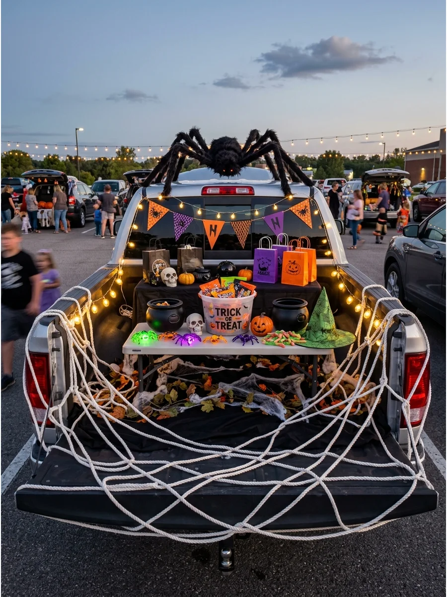 A silver pickup truck covered in a giant spiderweb with a large spider prop.