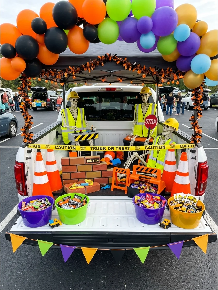 Skeletons in construction gear decorating a truck bed with cones and tape.