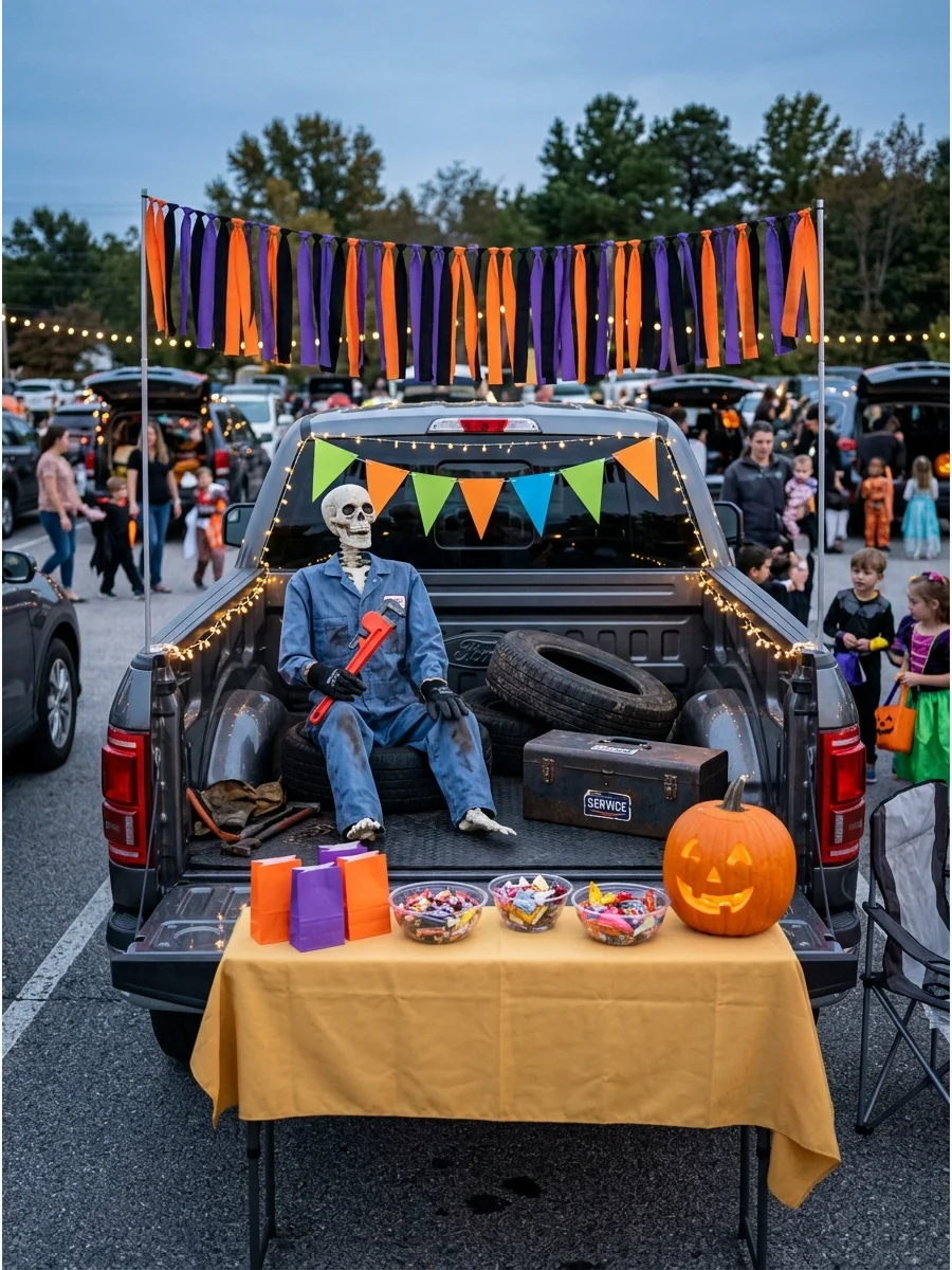 An auto repair themed trunk or treat with a skeleton mechanic and tires.