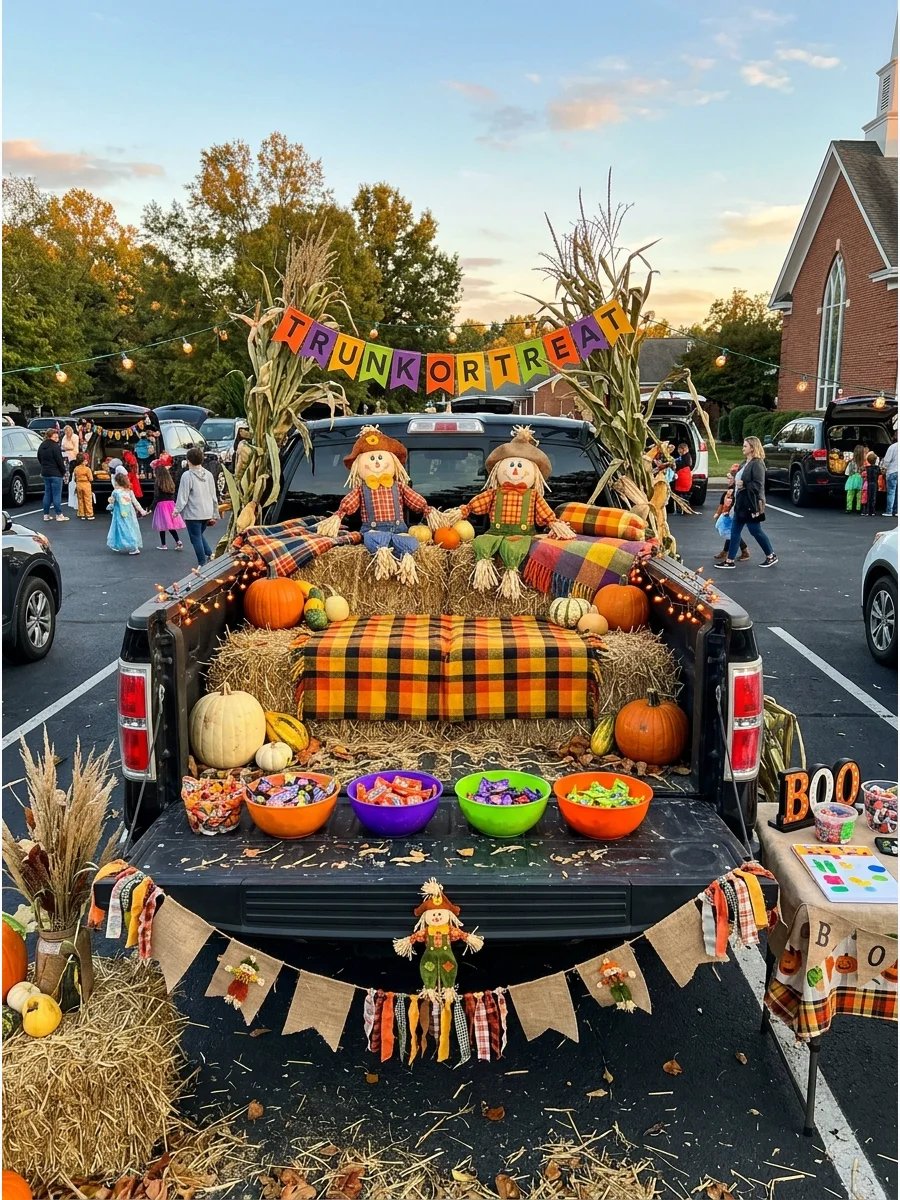 A festive autumn farm scene in a truck bed with scarecrows and corn stalks.