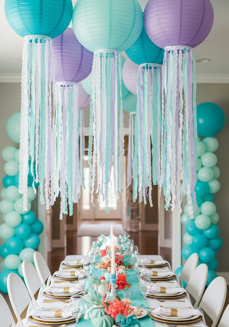 Pastel paper lanterns with iridescent ribbon tentacles hanging from a ceiling.