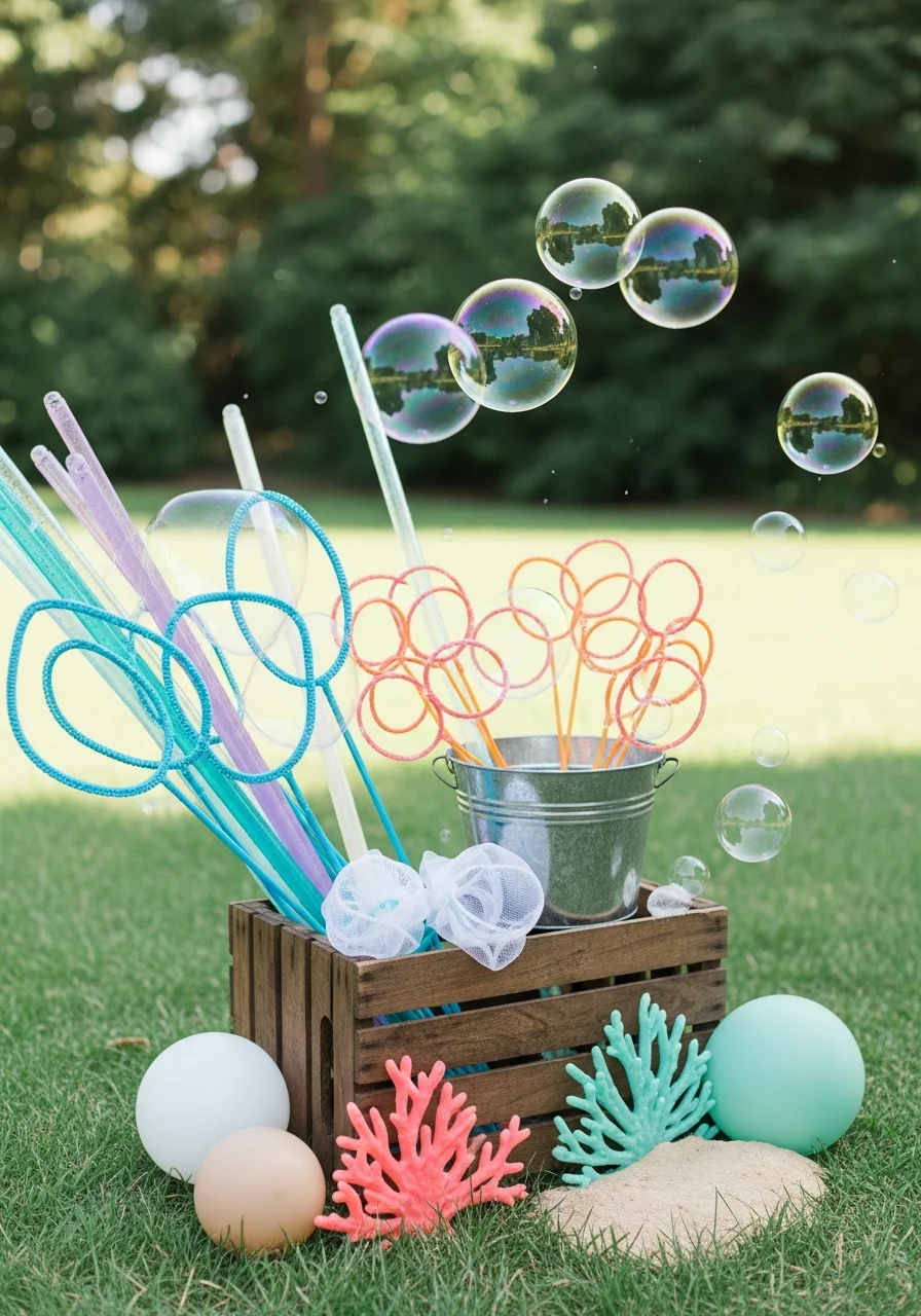 A bubble station with large wands and giant bubbles floating in the air.
