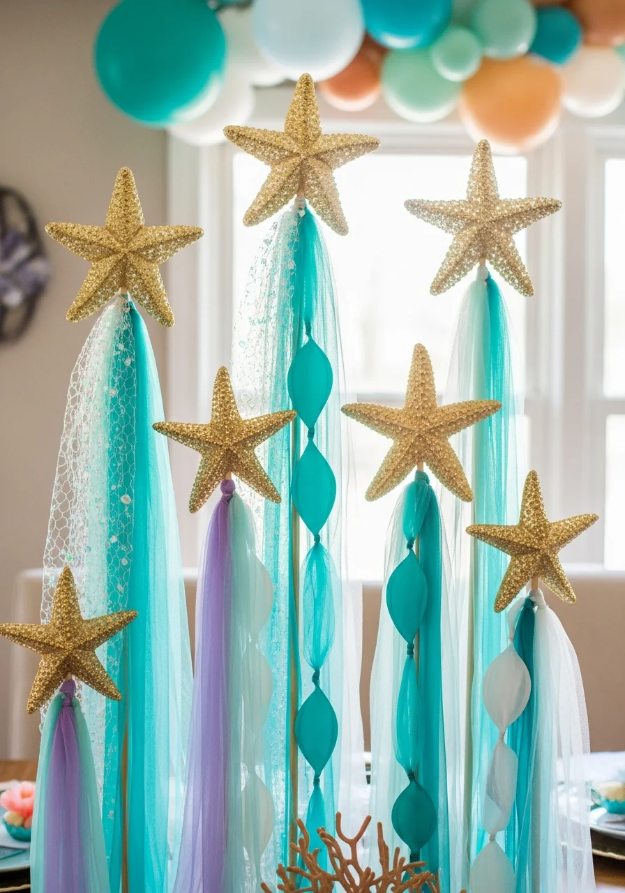 Handmade wands topped with gold starfish and trailing ribbons.