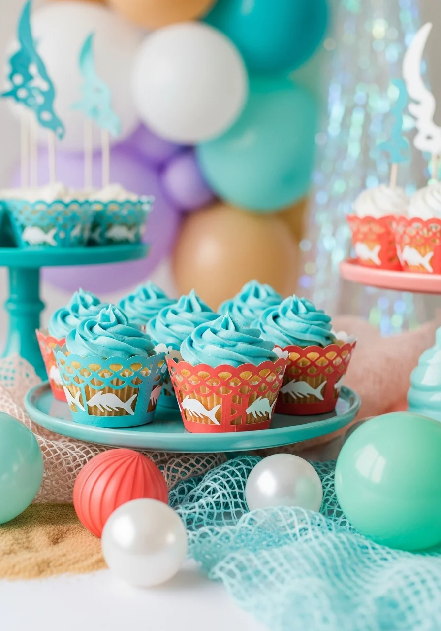 Blue frosted cupcakes in laser-cut mermaid tail liners.