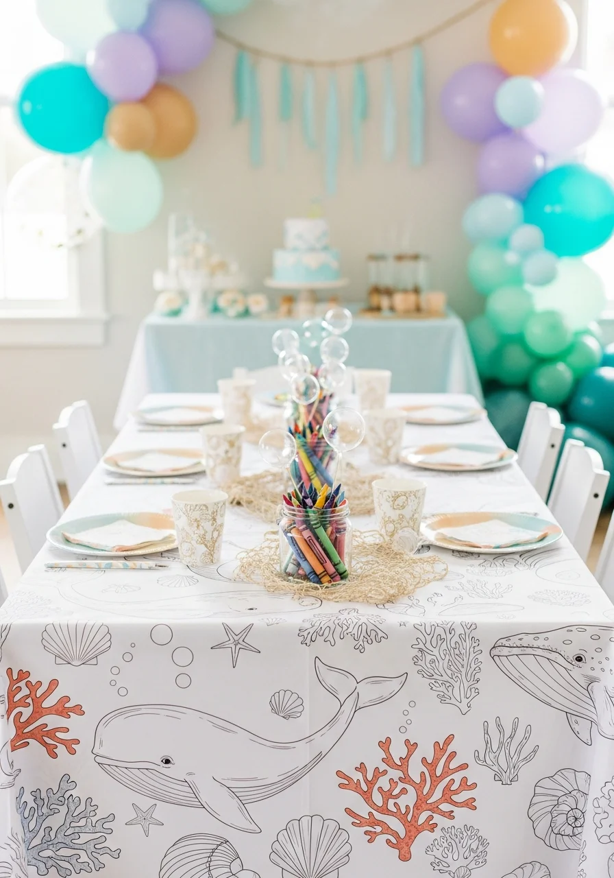 A paper tablecloth with ocean illustrations being colored with crayons.