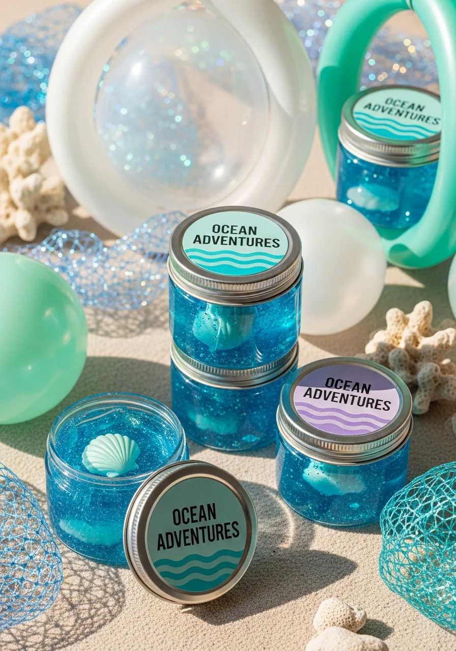 Clear jars of blue glitter slime with small shell charms inside.