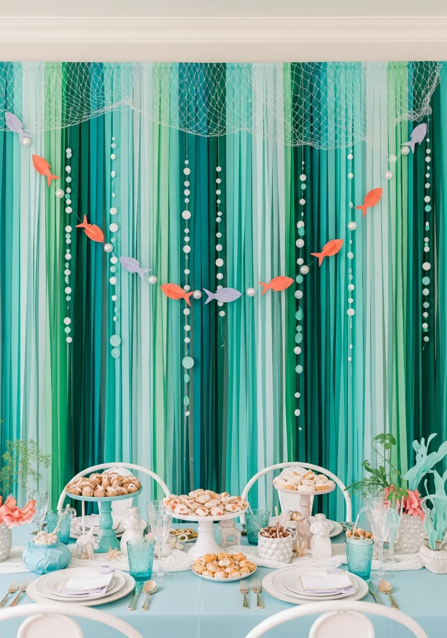 A photo backdrop made of twisted green streamers and paper fish.