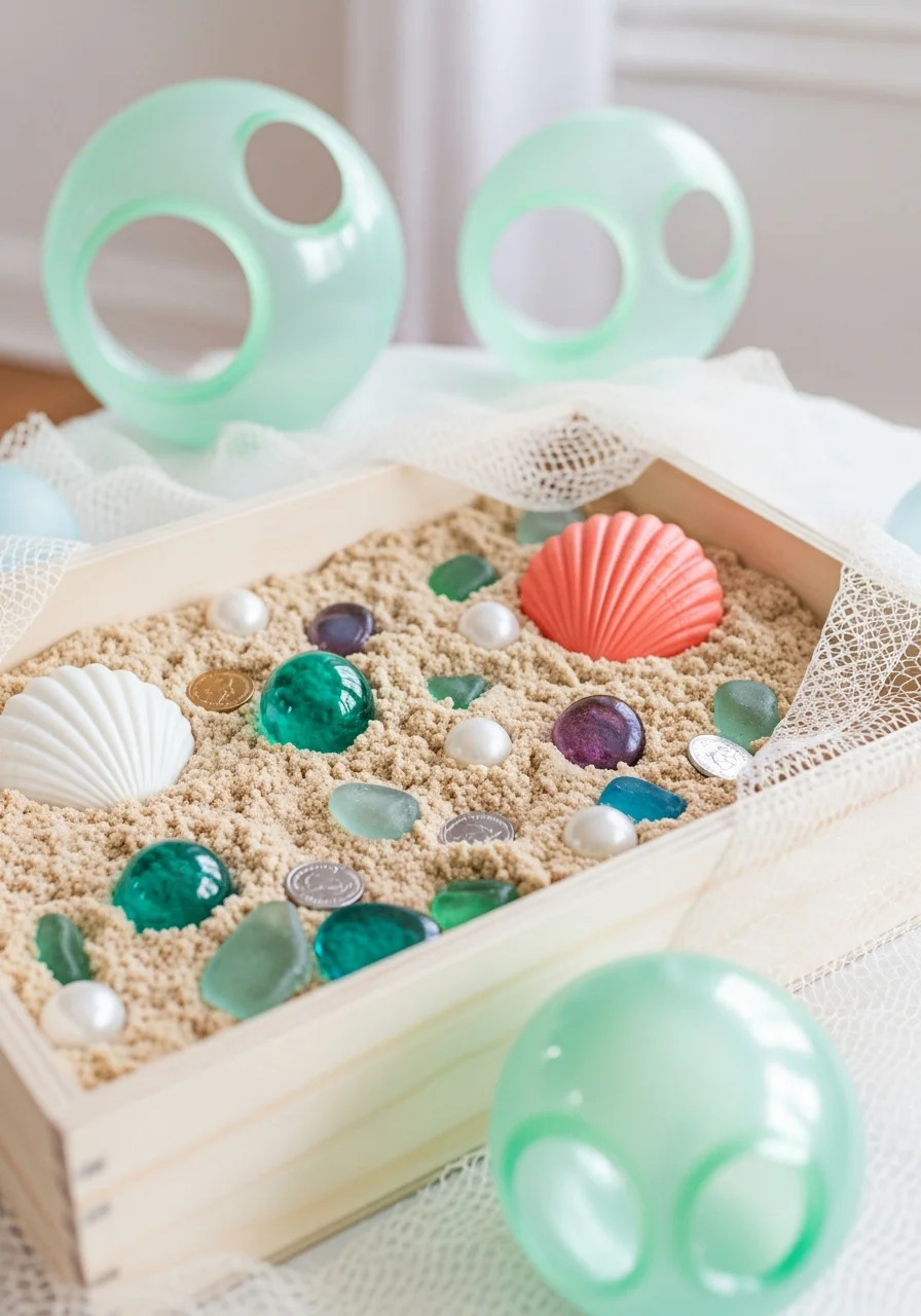 A wooden sensory bin with kinetic sand, shells, and sea glass.