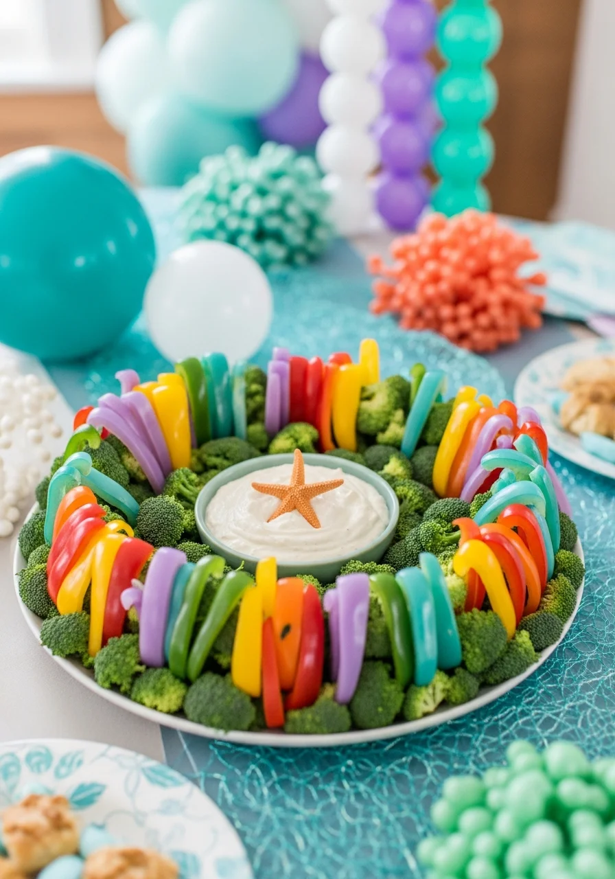 A vegetable platter with vertical peppers and broccoli arranged like coral.