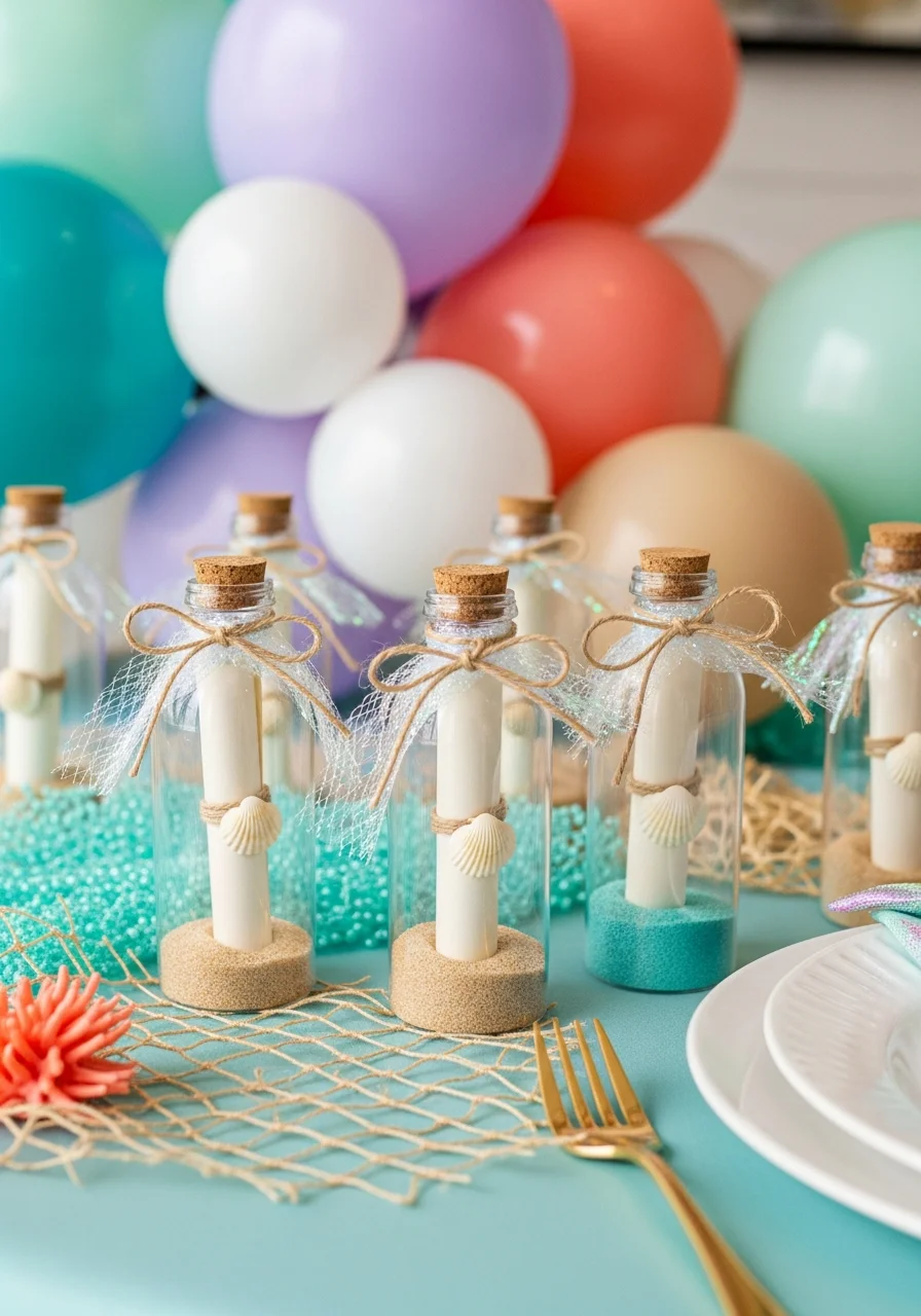 Small plastic bottles with parchment invitations and sand inside.