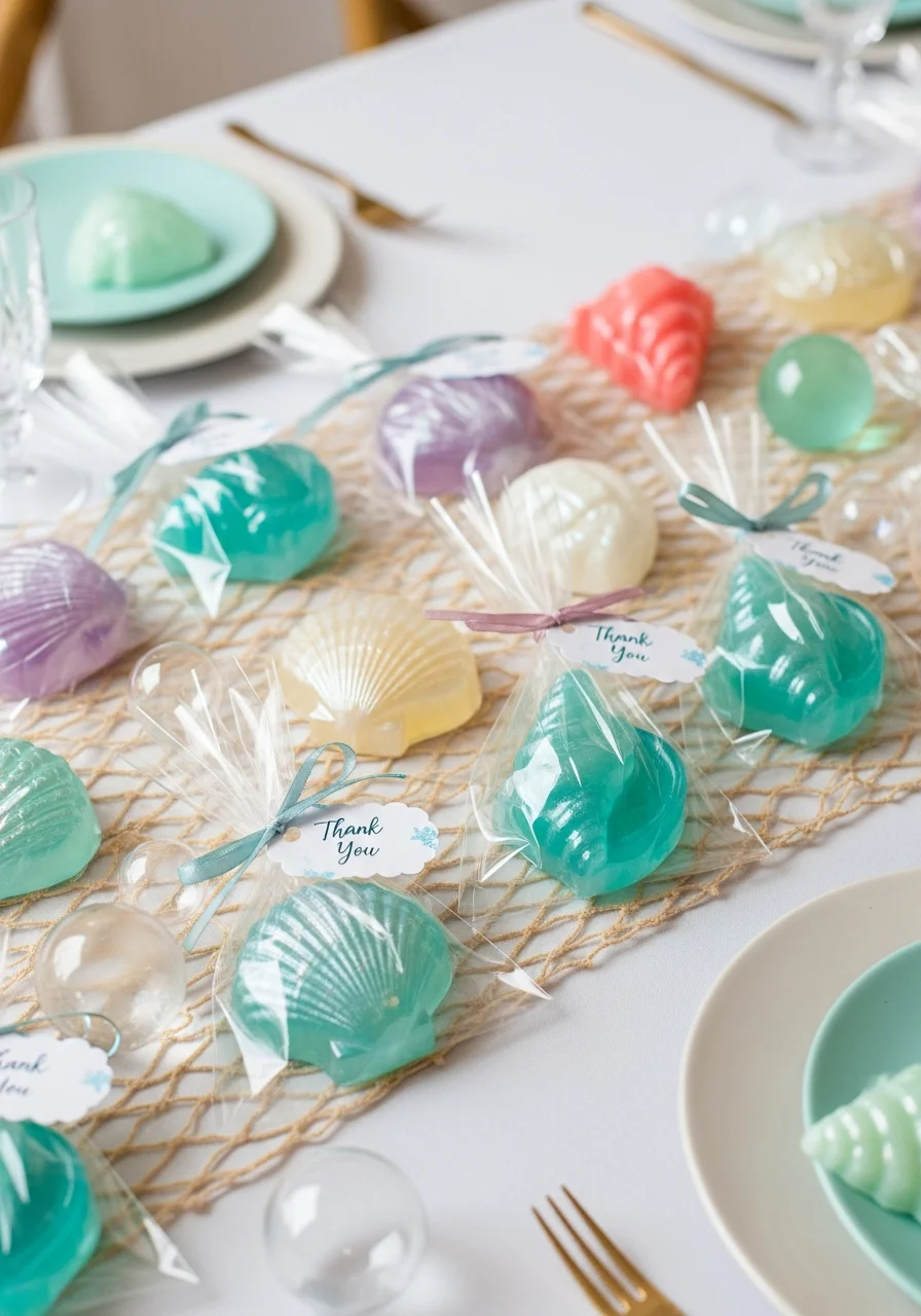 Teal and clear soaps shaped like seashells in cellophane bags.