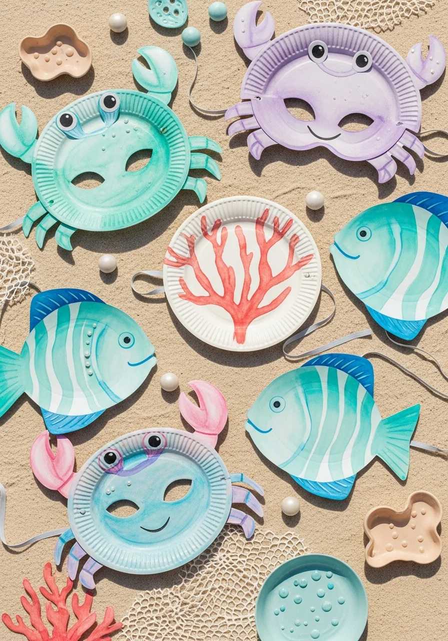 Hand-painted paper plate sea creature masks with watercolor textures.