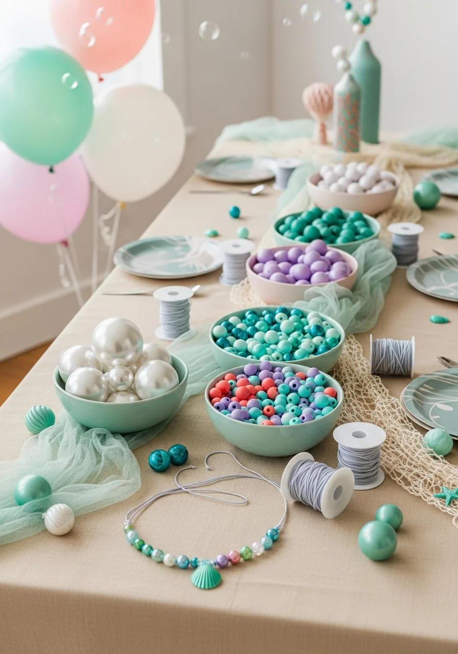 A craft table with bowls of faux pearls and pastel beads for necklace making.