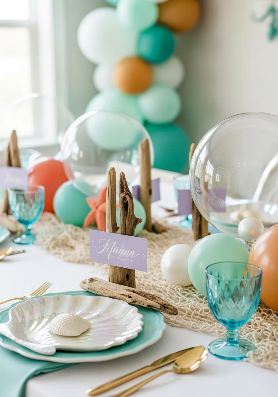 Driftwood pieces holding lavender name cards on a table.