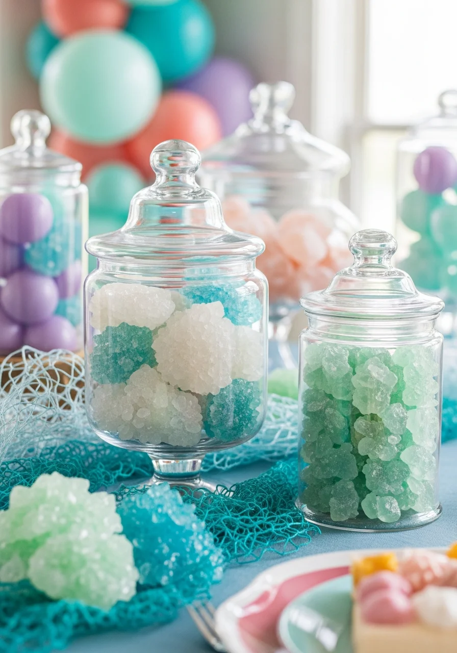 Glass jars containing blue and green rock candy that looks like sea glass.