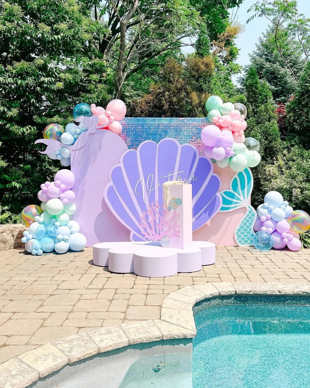 Multi-Layered Poolside Backdrop Installations under the sea birthday party
