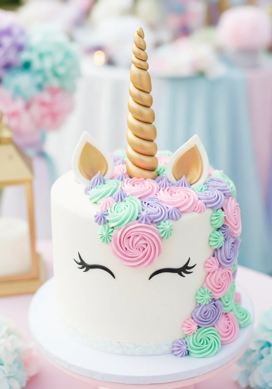 A white unicorn cake with a gold horn and pastel buttercream flower mane.