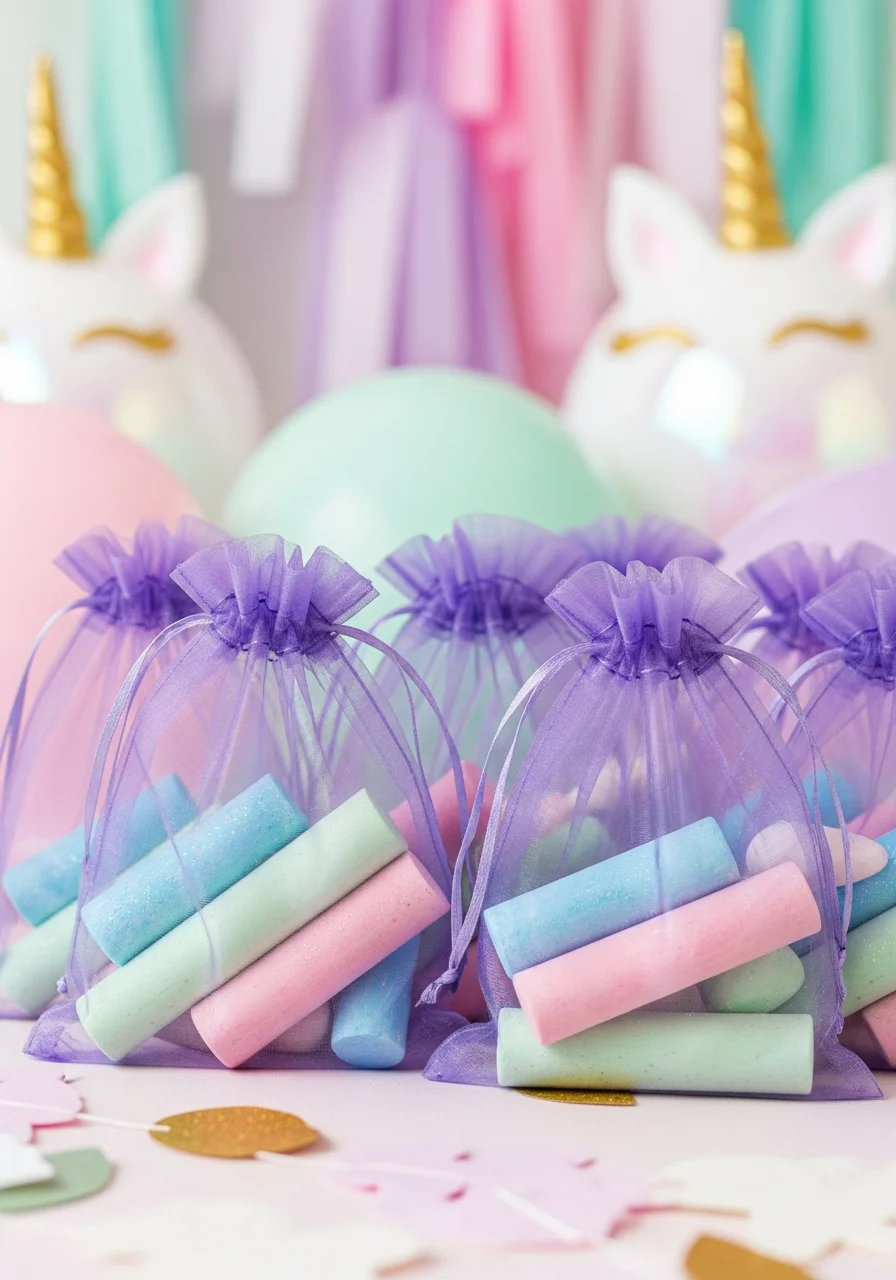 Lavender bags filled with pastel blue, pink, and green sidewalk chalk.
