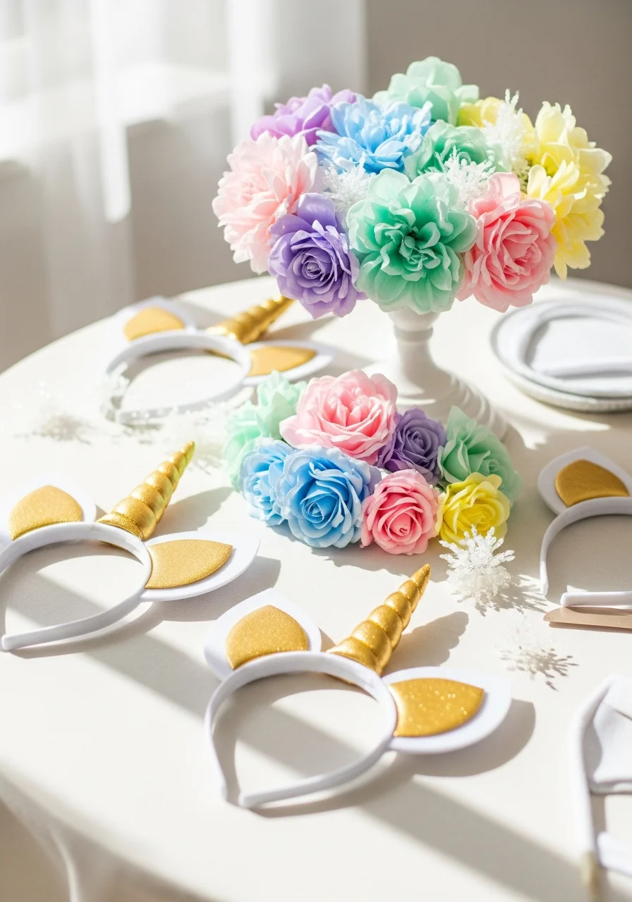 A craft table with headbands, gold horns, and pastel silk flowers for DIY crowns.