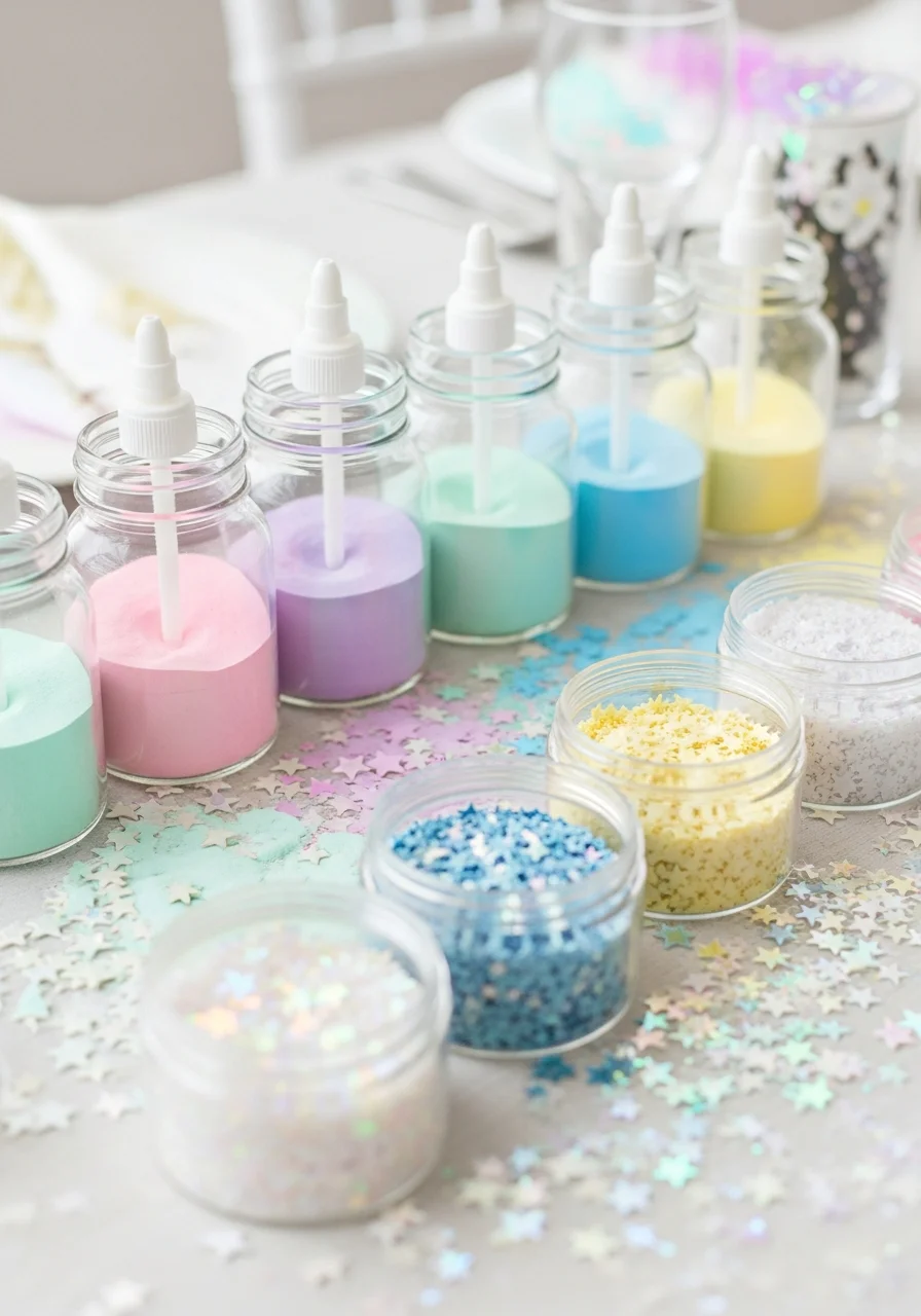 Jars of clear glue and pastel glitter at a slime-making activity station.