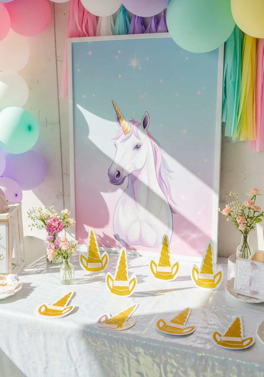 A large unicorn poster on a wall with gold horn cutouts for a party game.