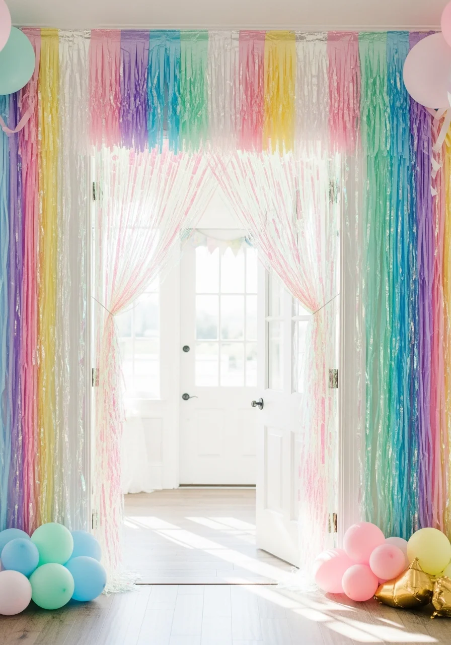 A doorway with shimmering tinsel fringe curtains reflecting rainbow colors.