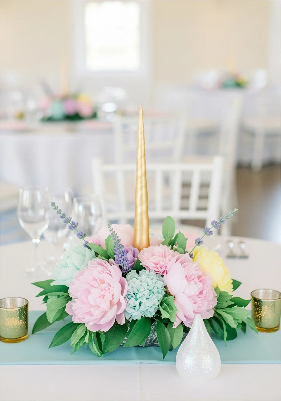 A floral arrangement of pink peonies with a gold unicorn horn in the middle.
