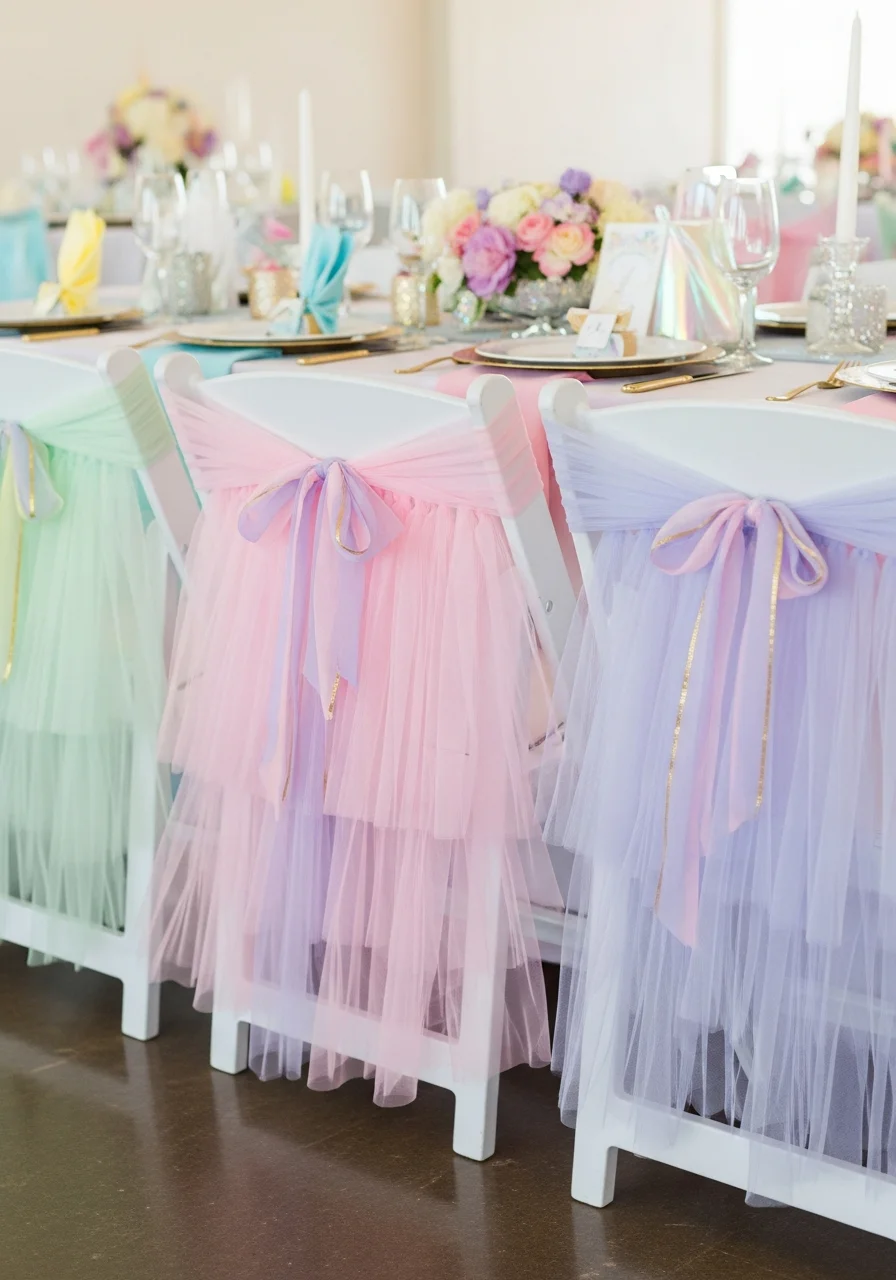 White chairs decorated with pink and purple tulle skirts tied to the back.