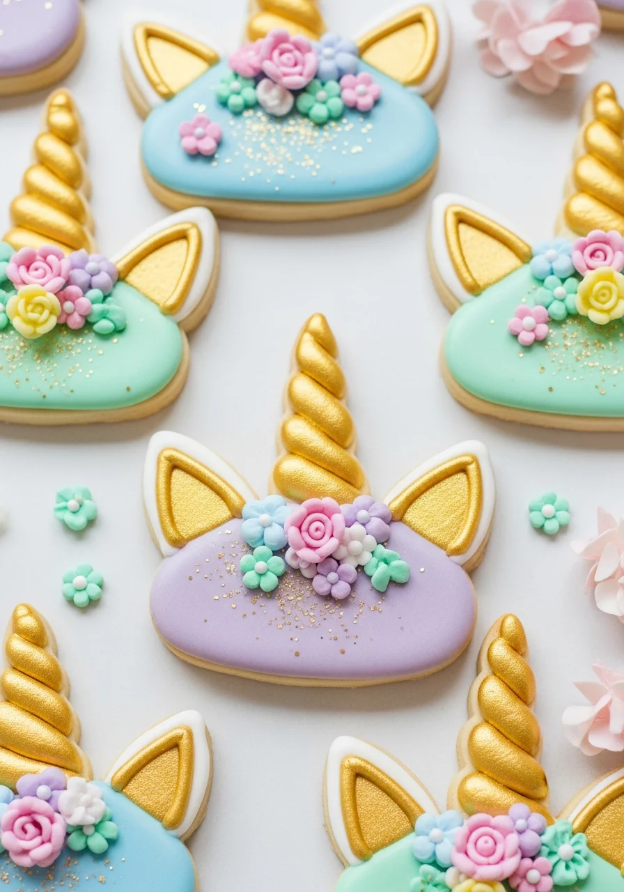 Sugar cookies shaped like horns with gold icing and tiny sugar flowers.