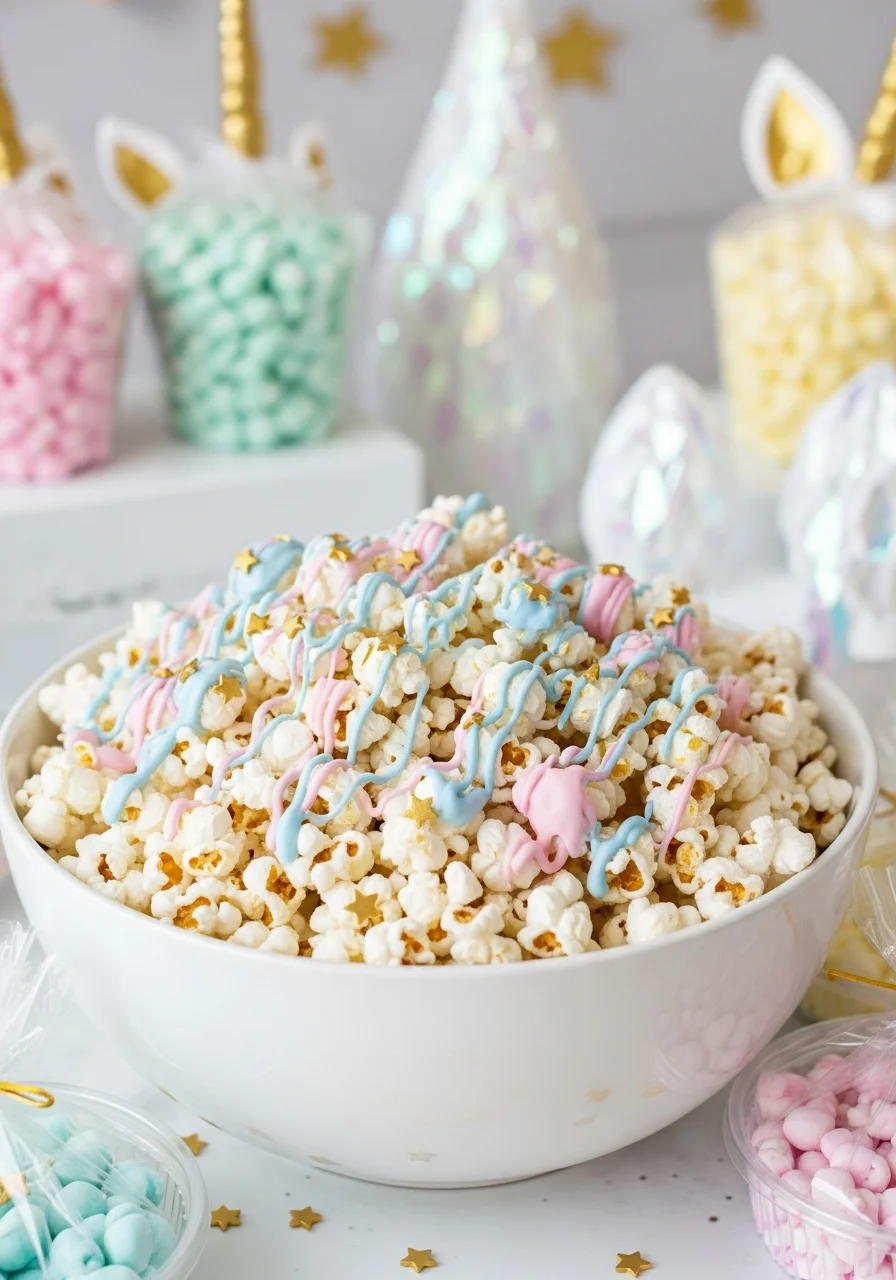 Popcorn drizzled with pastel chocolate and topped with small gold stars.