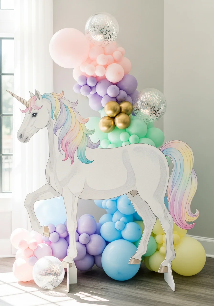 A large iridescent unicorn cutout standing next to pastel balloons.