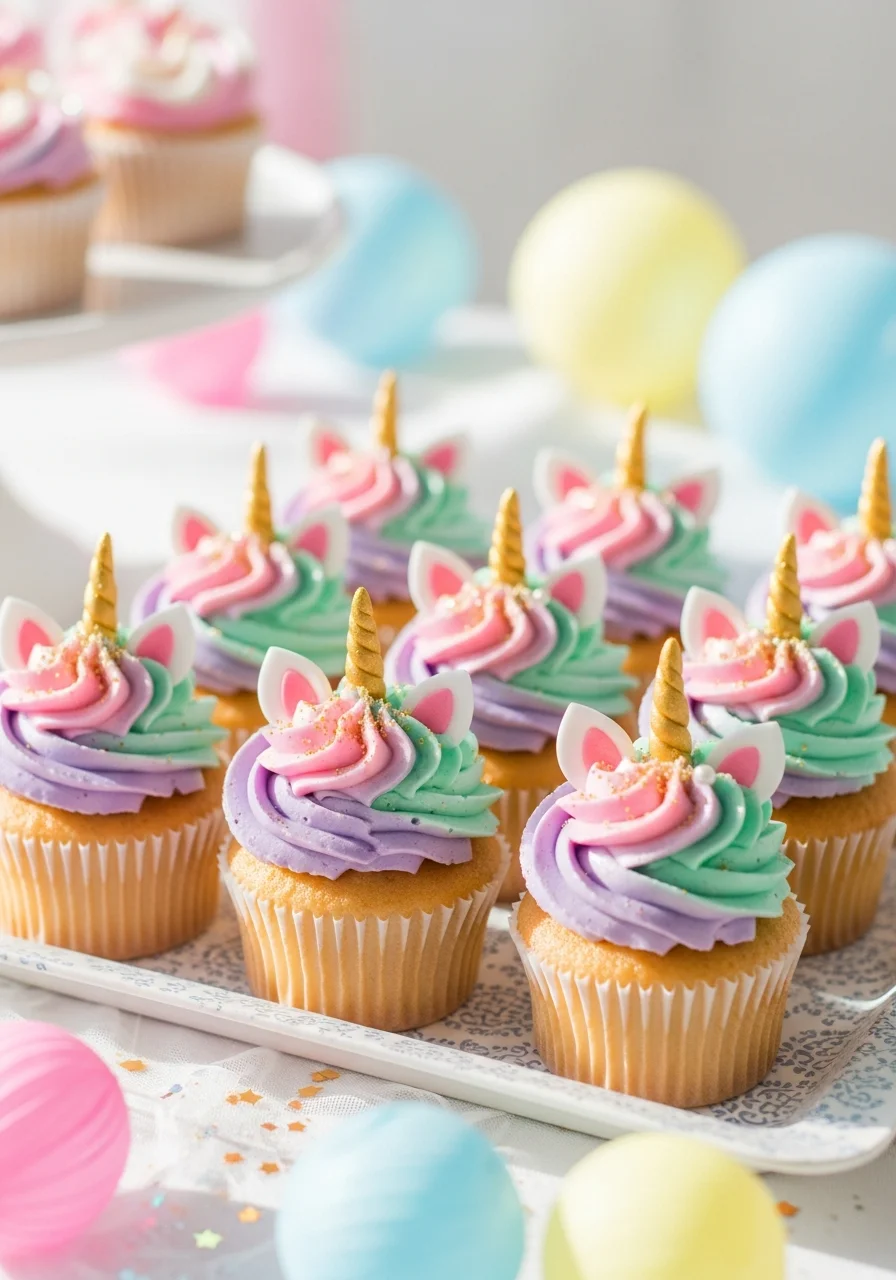 Cupcakes with pink, blue, and yellow swirled frosting and gold glitter.
