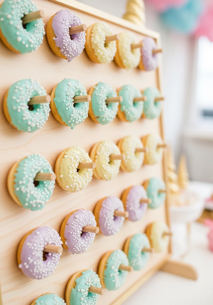 A wooden wall holding mini donuts with pastel green, purple, and yellow icing.