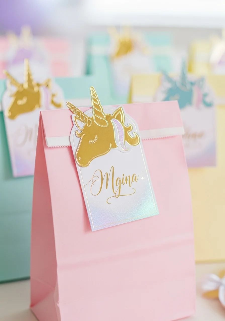 A pink gift bag with a gold unicorn tag and a handwritten name.