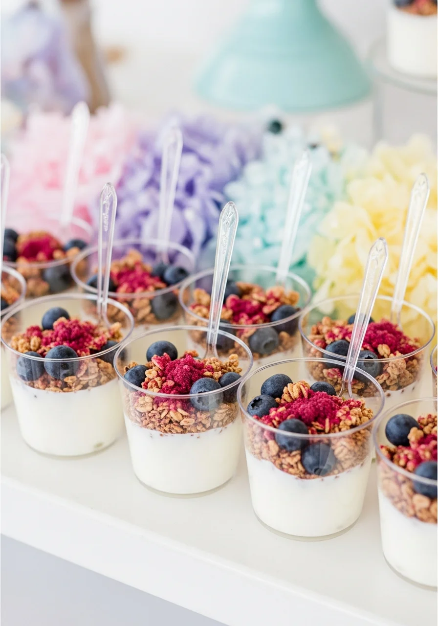 Clear cups of yogurt with blueberries and pink-tinted granola layers.