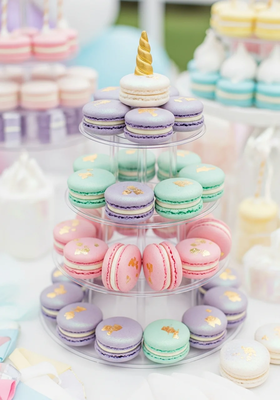 A tiered stand of shimmering lavender and pink macarons with gold leaf accents.