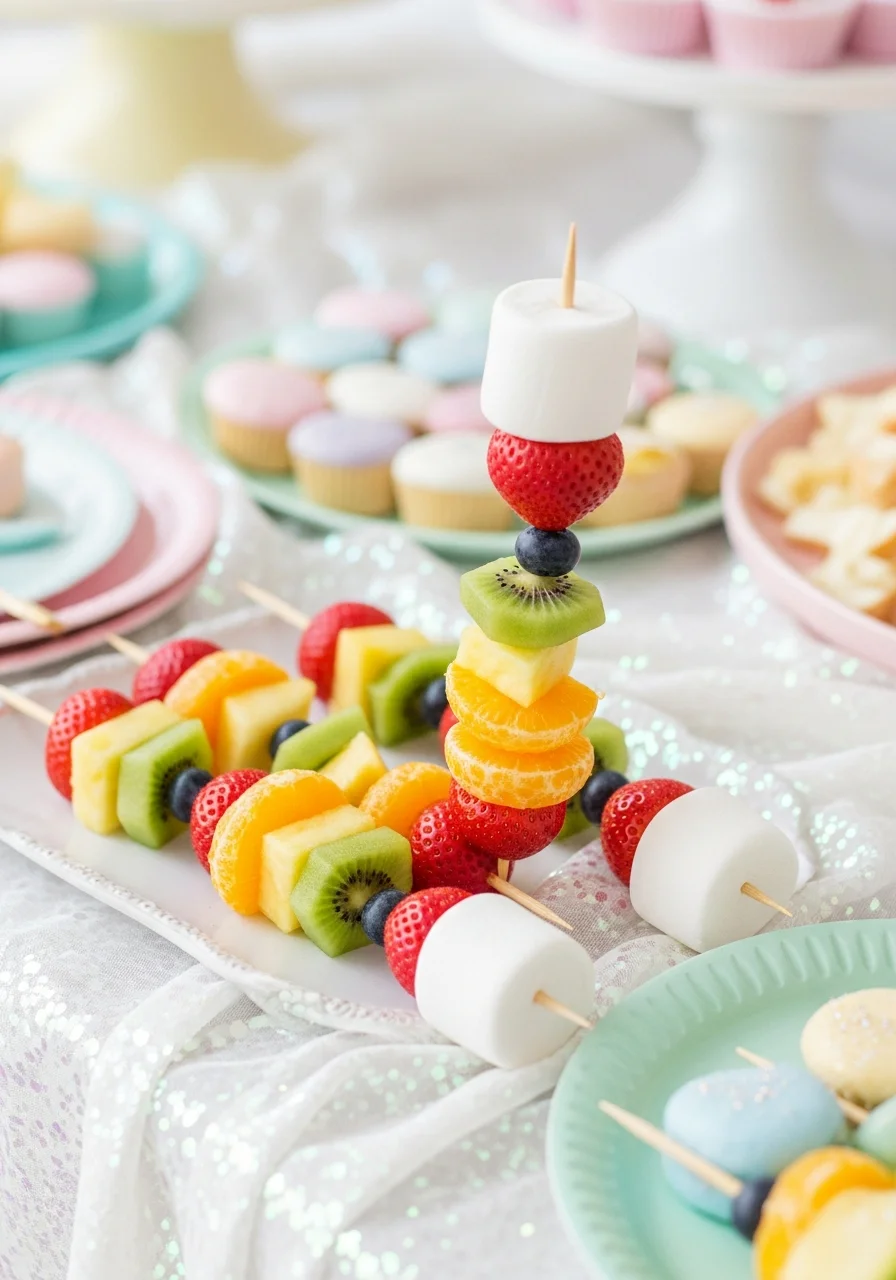 Fruit skewers with a rainbow of berries and citrus topped with a white marshmallow.