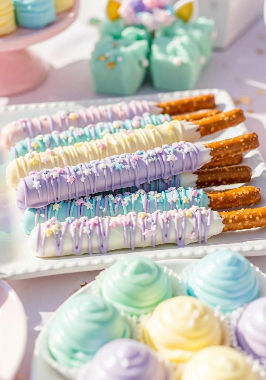 Pretzel rods dipped in white chocolate and decorated with purple icing and stars.