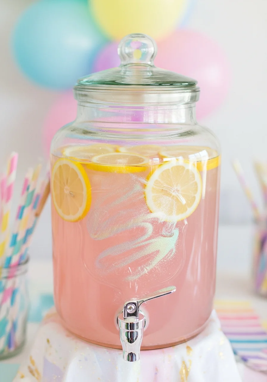 A glass dispenser of pink lemonade with a shimmering, pearlescent swirl.