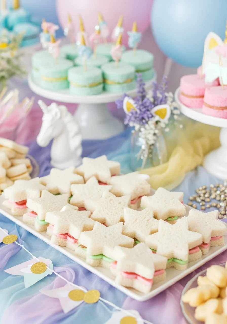 Star-shaped sandwiches on a white platter with pastel cream cheese fillings.