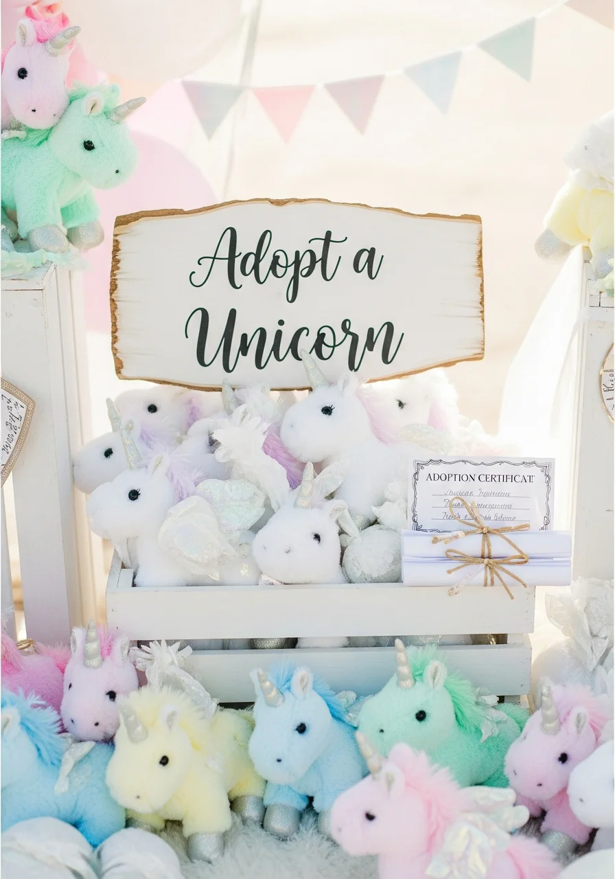 A crate of white plush unicorns next to a sign that says Adopt a Unicorn.