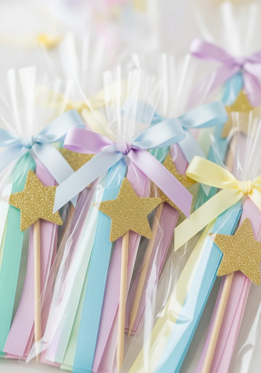Cellophane bags containing DIY wand supplies including wooden sticks and glitter stars.