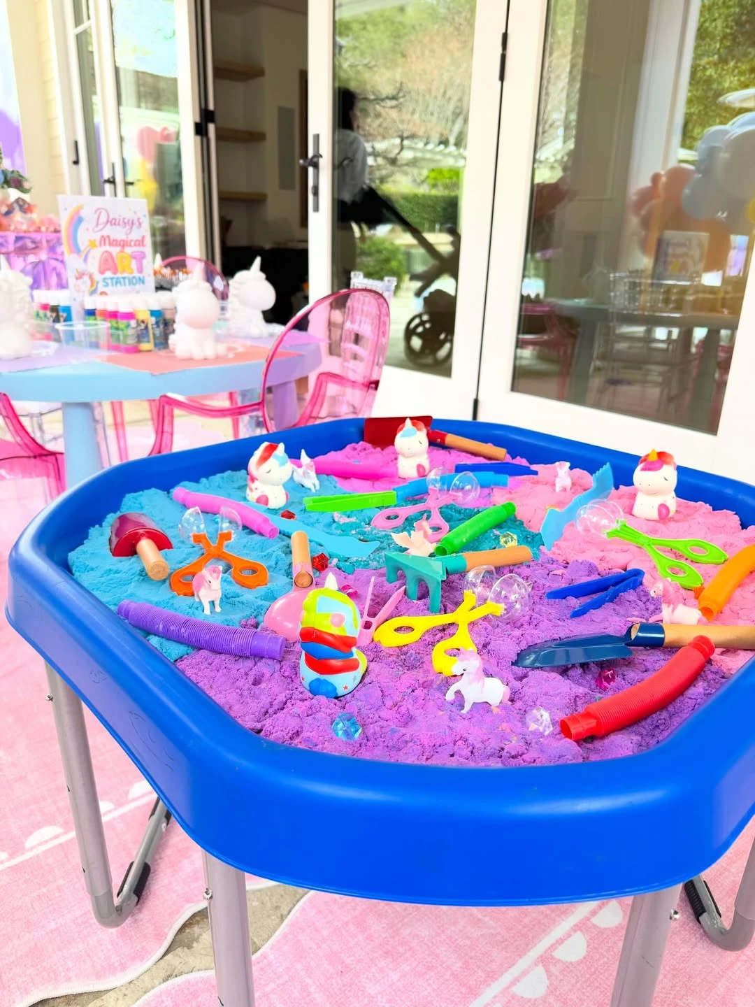 Colorful Sensory Sand Trays unicorn birthday party ideas
