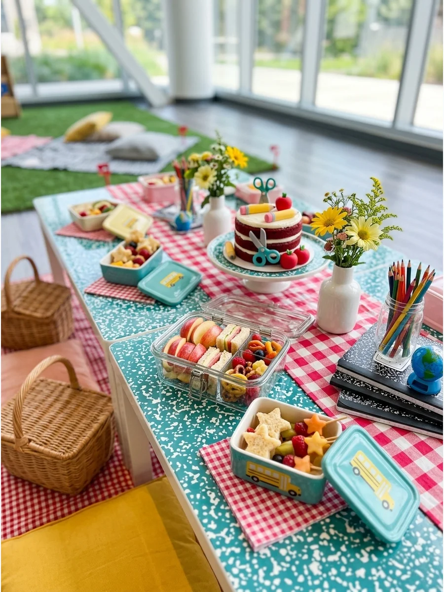 A backyard picnic setup with low tables, red blankets, and colorful cushions on the grass.