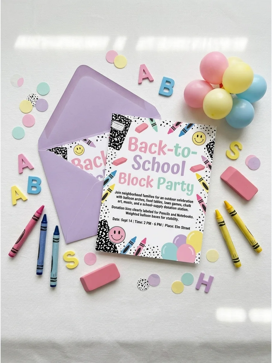 An outdoor block party setup with a balloon arch and tables for school supply donations.